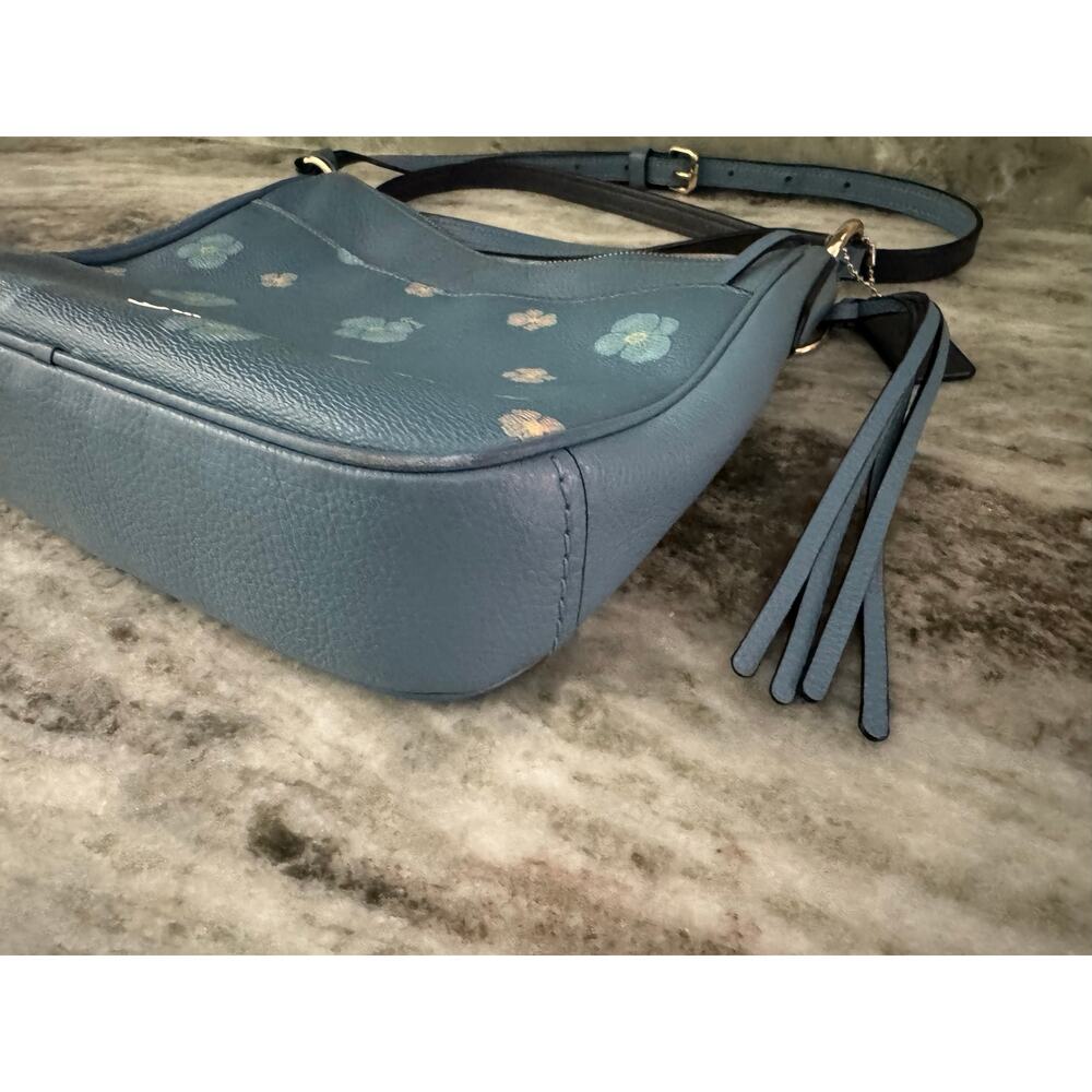 Coach Blue Chaise Pansy Floral Print Leather Adjustable Crossbody Purse Keychain - Picture 4 of 12